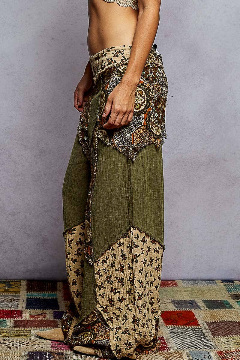 Double gauze varied printed patchwork woven pants