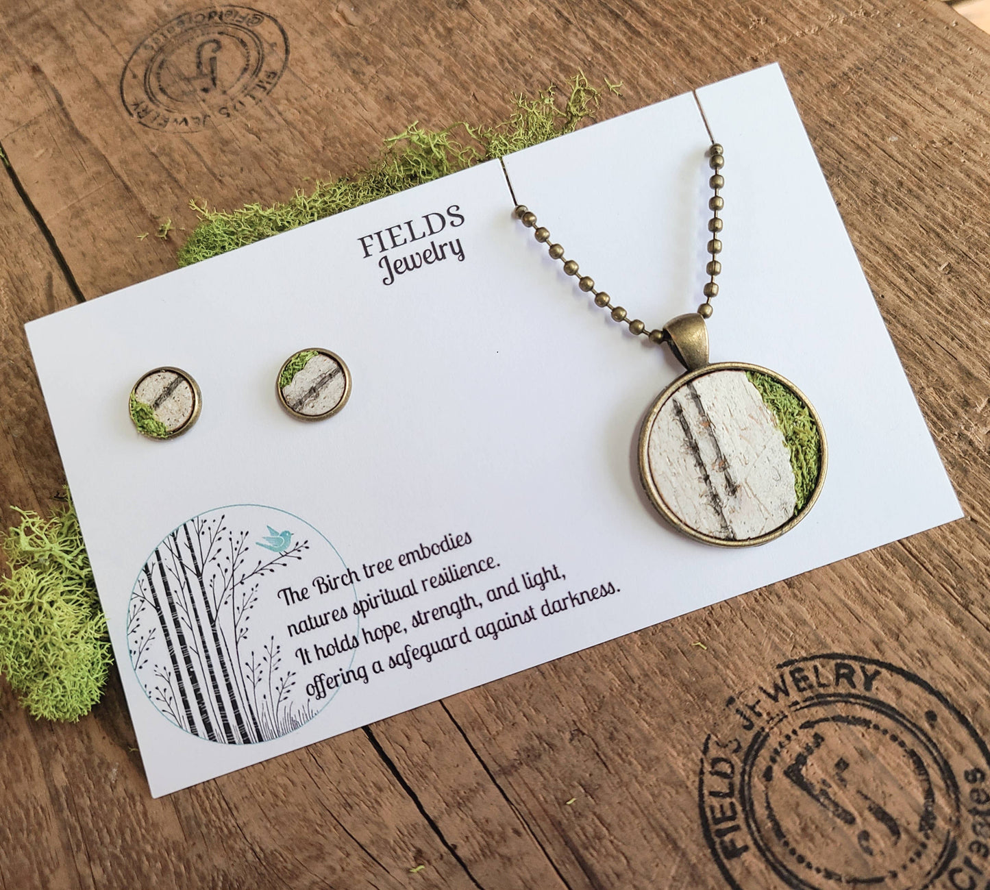 Mossy Birch Bark Circle Necklace & Stud Earring Set