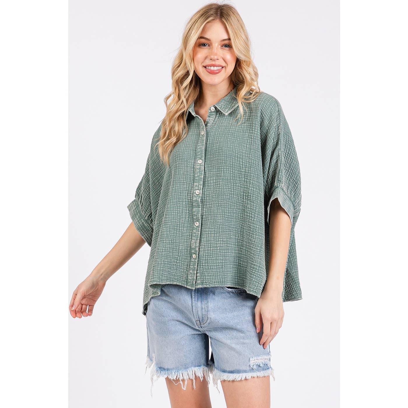 MINERAL WASH GAUZE DOLMAN SLEEVE BUTTON DOWN SHIRT
