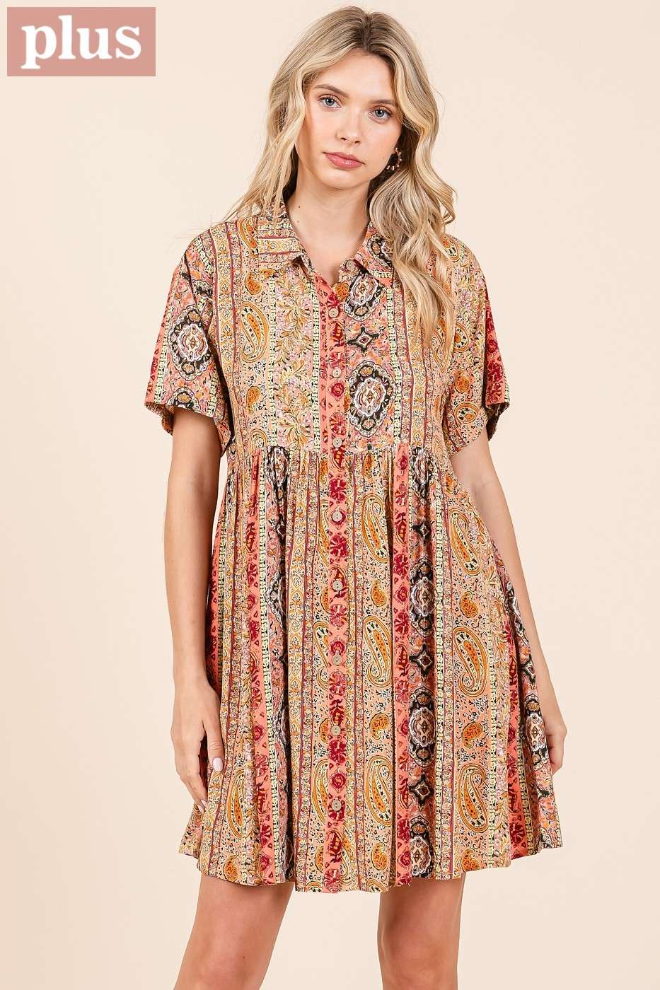 PAISLEY PATCHWORK PRINT MINI SHIRT DRESS (plus)