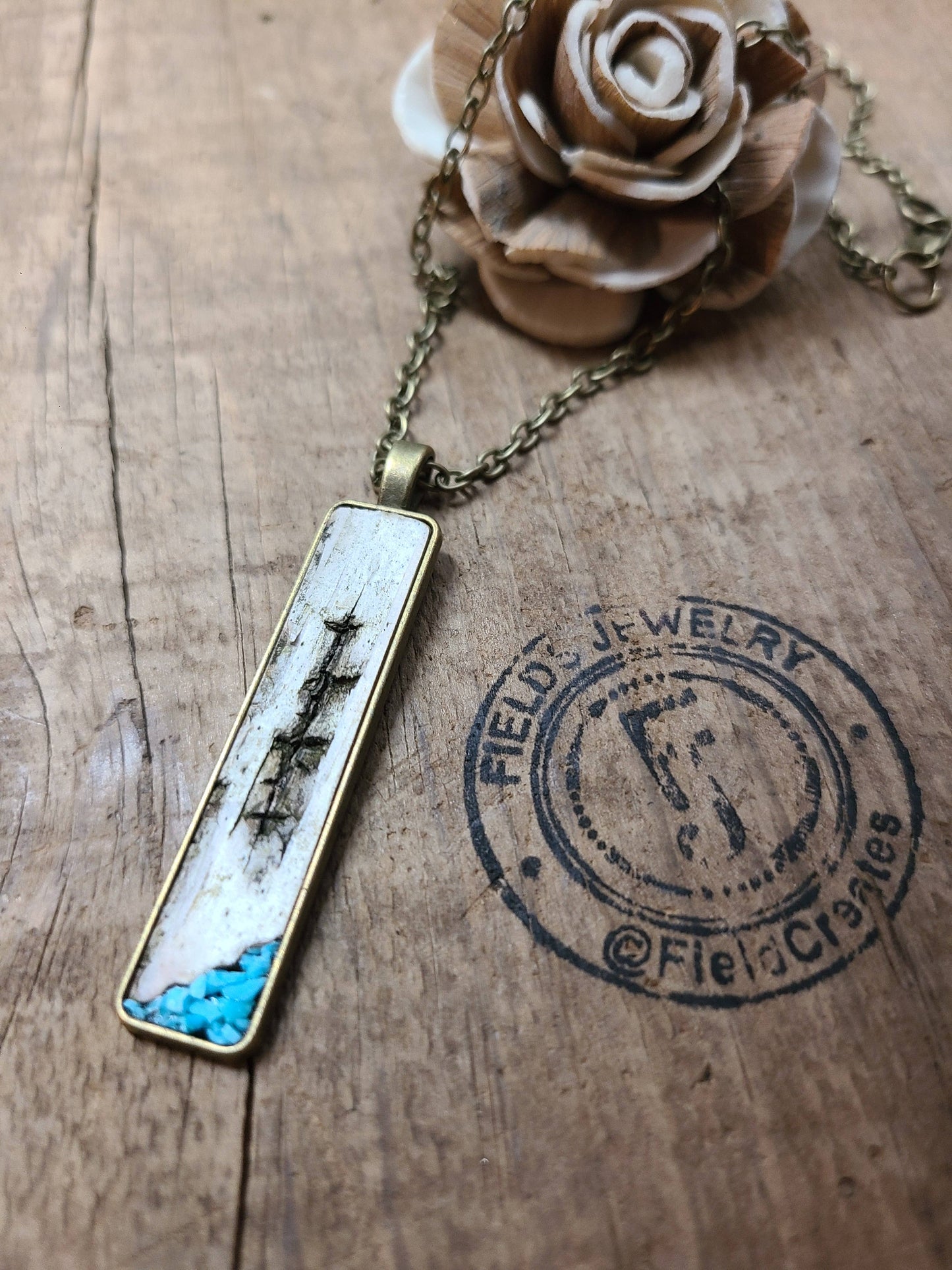 Natural Wood Birch Bark Turquoise Necklace