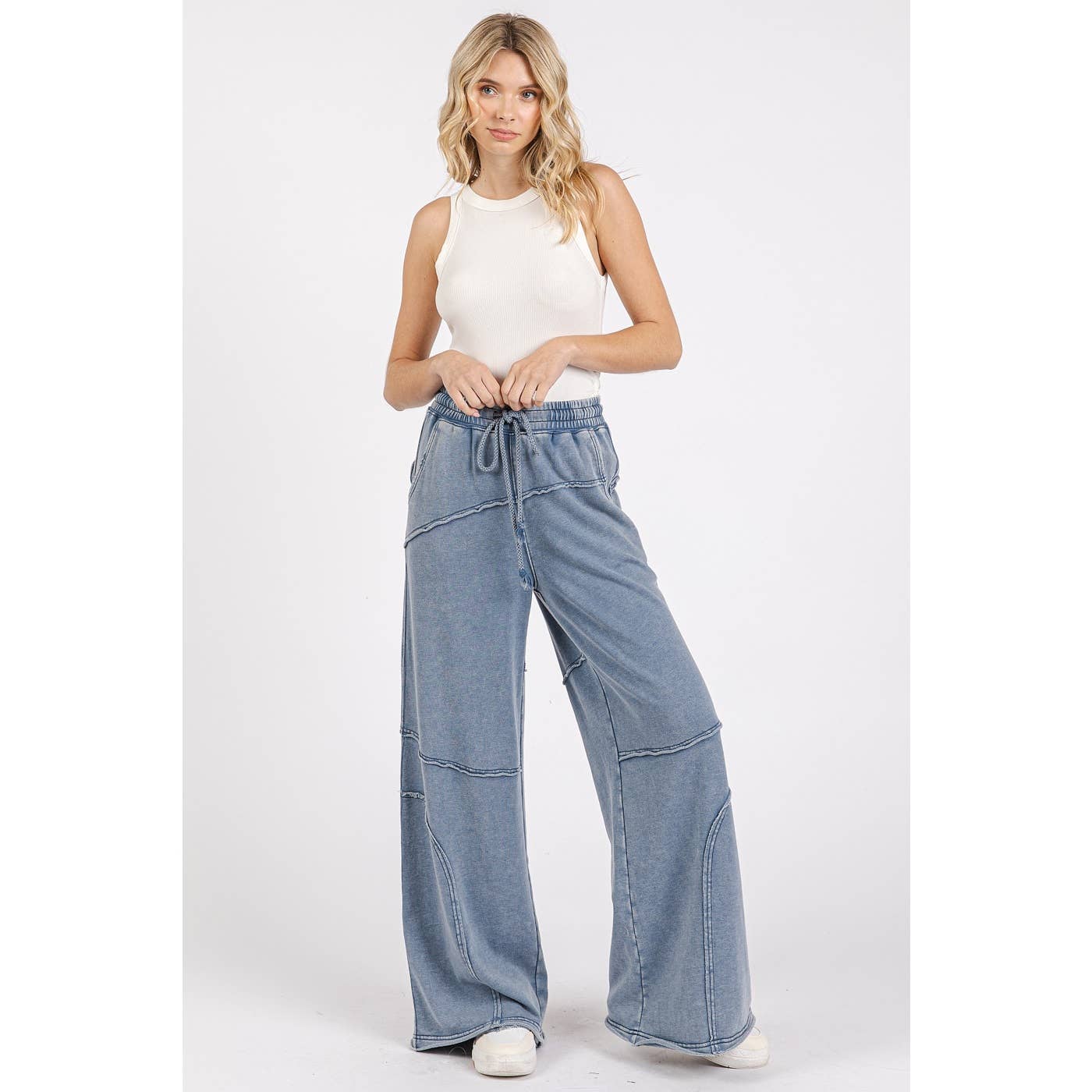 ASYMMETRIC SEAM MINERAL WASH ELASTIC WAIST PANTS