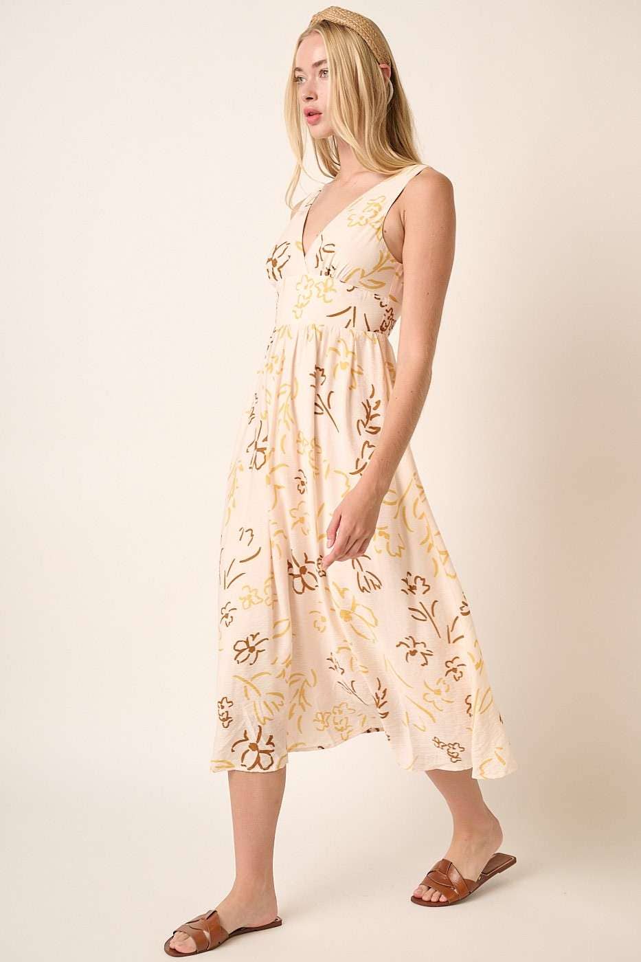 FLOWER PRINT EMPIRE WAIST SLEEVELESS MIDI DRESS