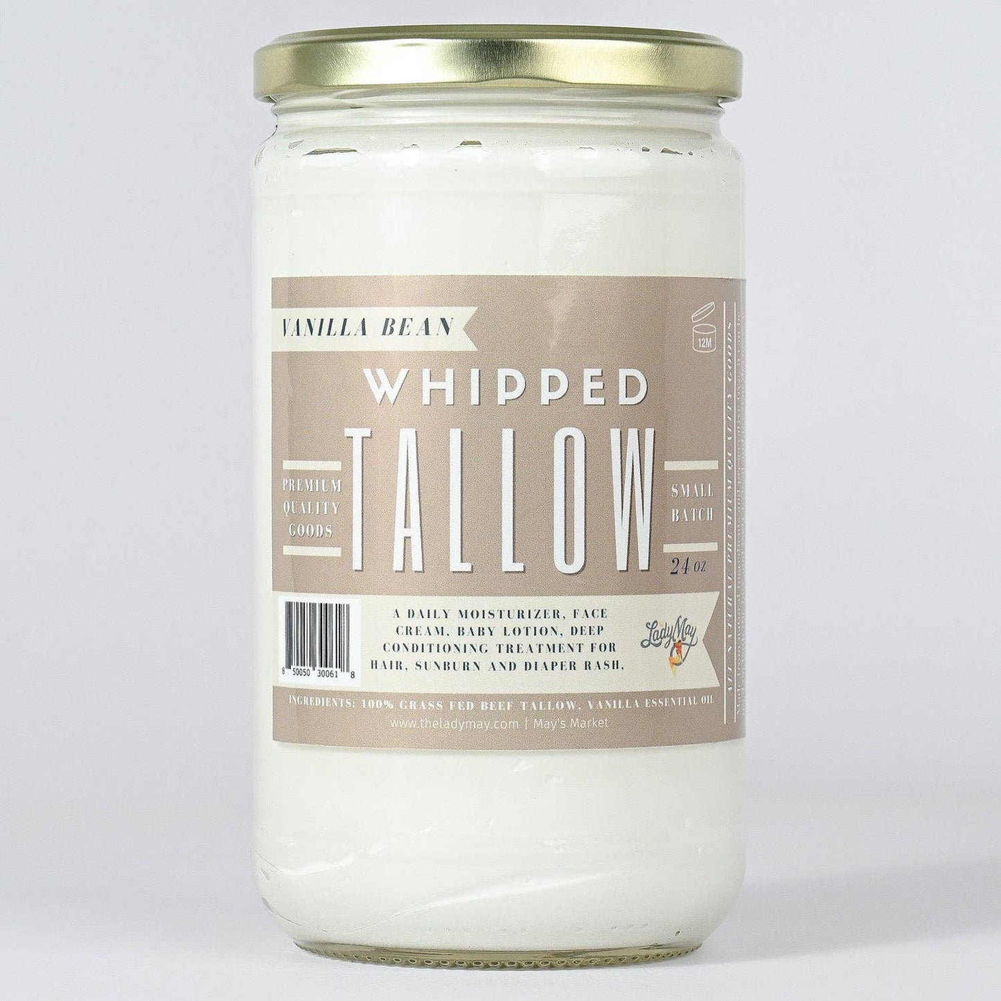 Vanilla Whipped Tallow, All Natural Grass Fed Beef Tallow Moisturizer (24oz)