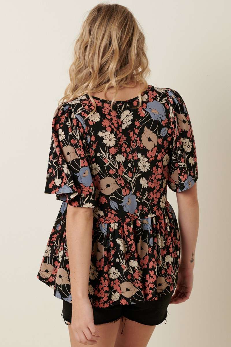 FLOWER PRINT V-NECK BABY DOLL KNIT BLOUSE