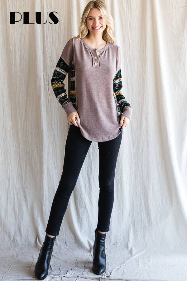 Color Block Button Front Long Sleeve Top