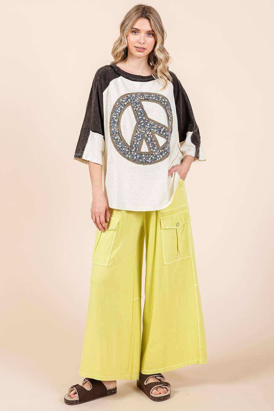 WASHED FRENCH TERRY CARGO ELASTIC WAIST WIDE LEG PANTS