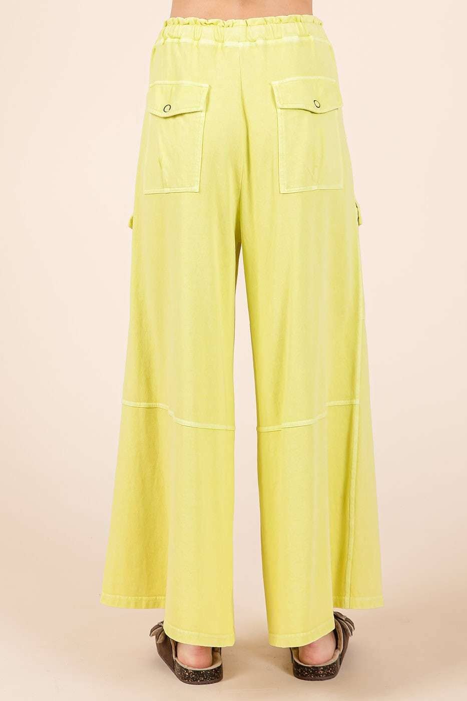 WASHED FRENCH TERRY CARGO ELASTIC WAIST WIDE LEG PANTS