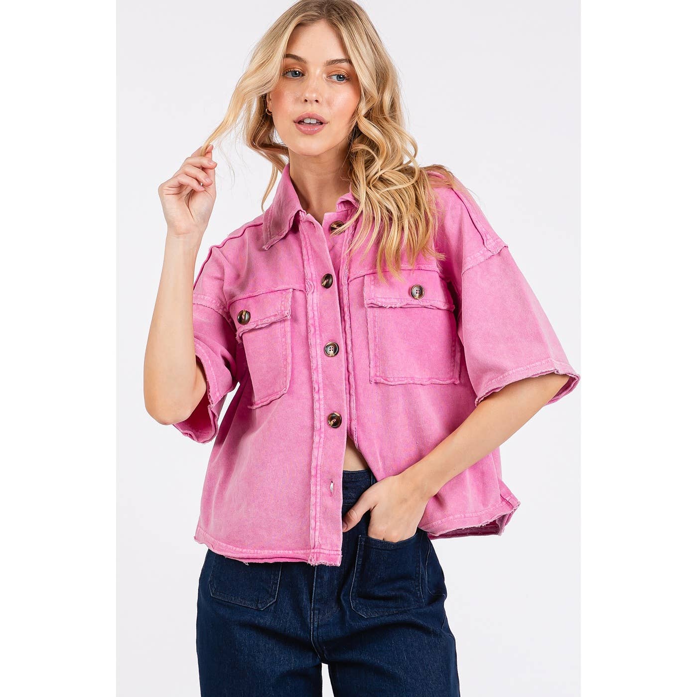 PINK MINERAL WASH BOXY SHORT SLEEVE BUTTON DOWN SHIRT