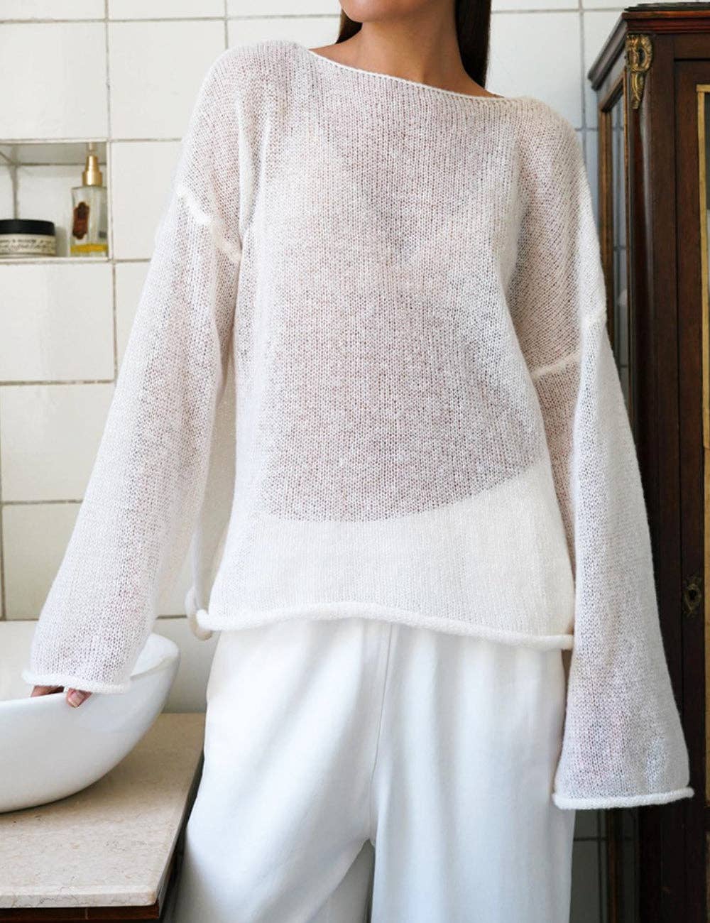 Ladies Solid Color Hollow Knit Top