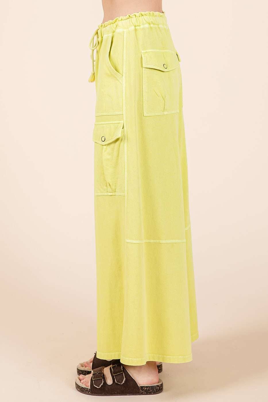WASHED FRENCH TERRY CARGO ELASTIC WAIST WIDE LEG PANTS