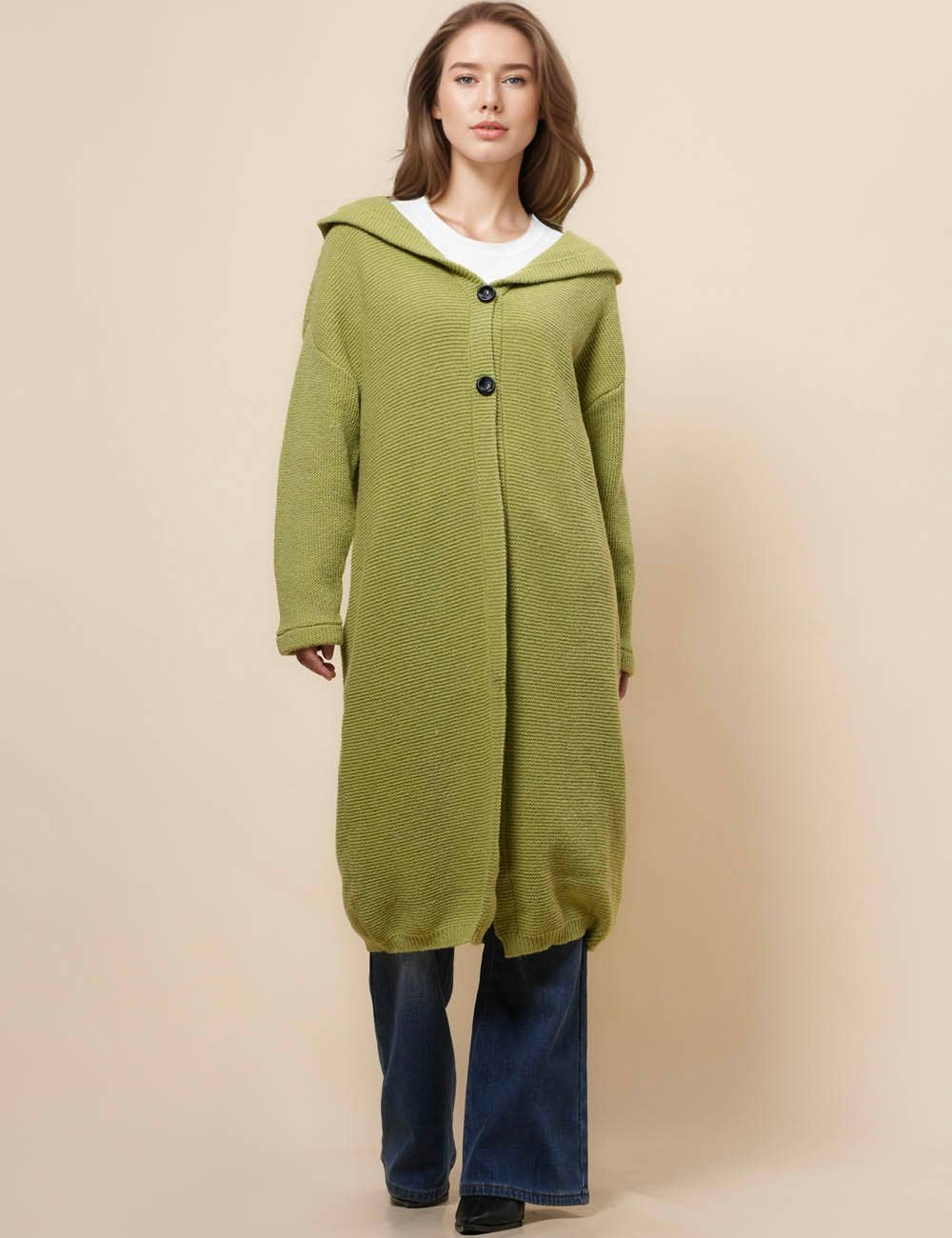 Button Hooded Solid Color Sweater Coat Cardigan