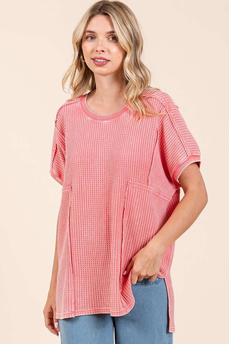 MINERAL WASH WAFFLE KNIT SEAM DETAIL TUNIC TOP: PASSION CORAL