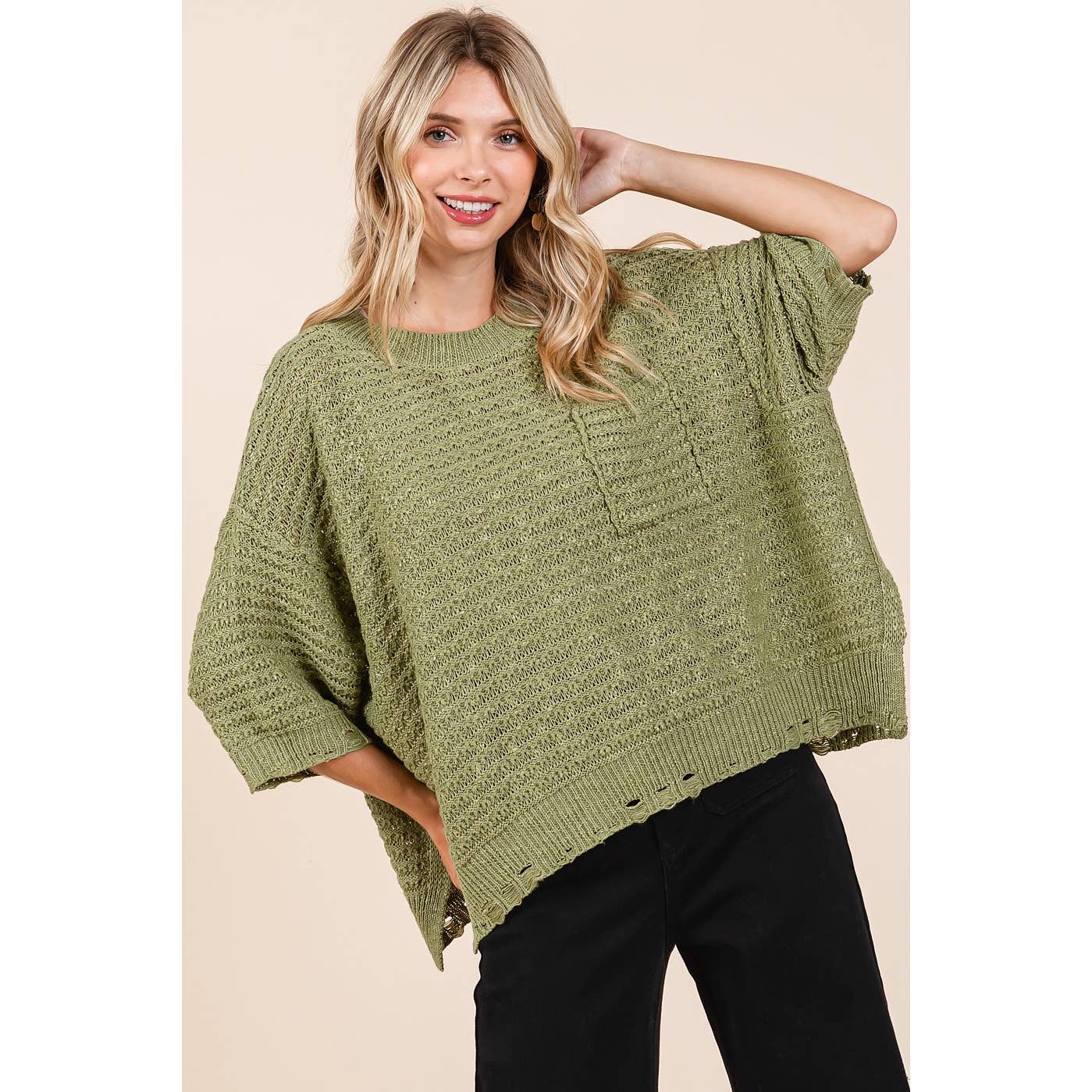 DISTRESSED HEM SHORT SLEEVE LOOSE SWEATER KNIT TOP