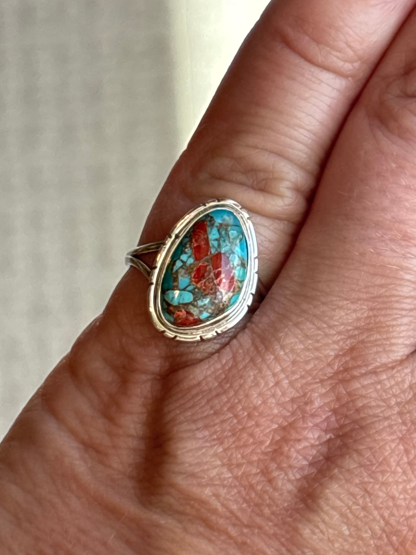 Mohave Red Coral Turquoise Ring | Size 6