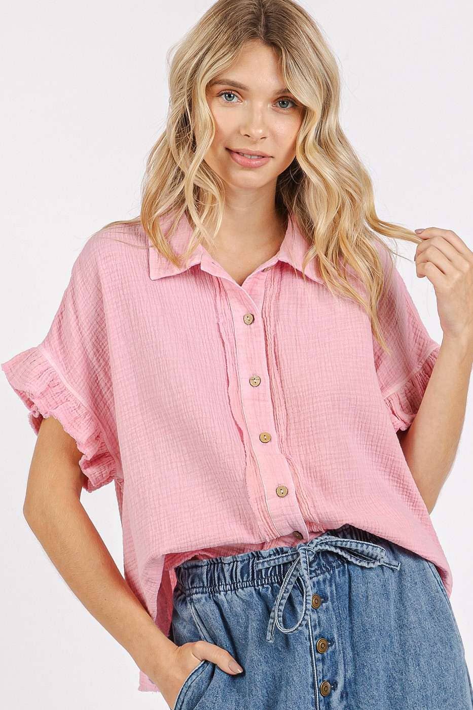 MINERAL WASH GAUZE RUFFLE SHORT SLEEVE SHIRT