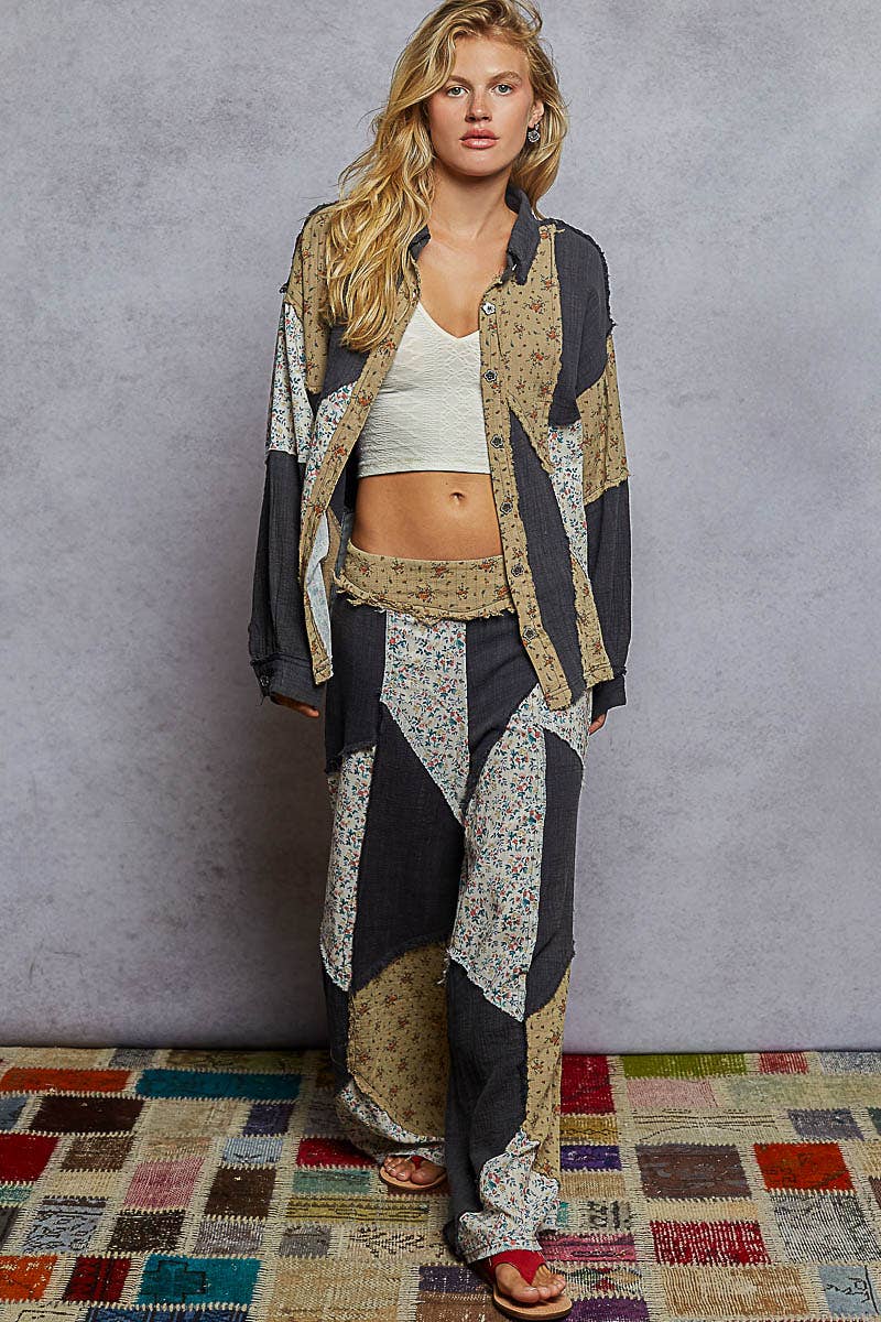 Double gauze varied printed patchwork woven pants
