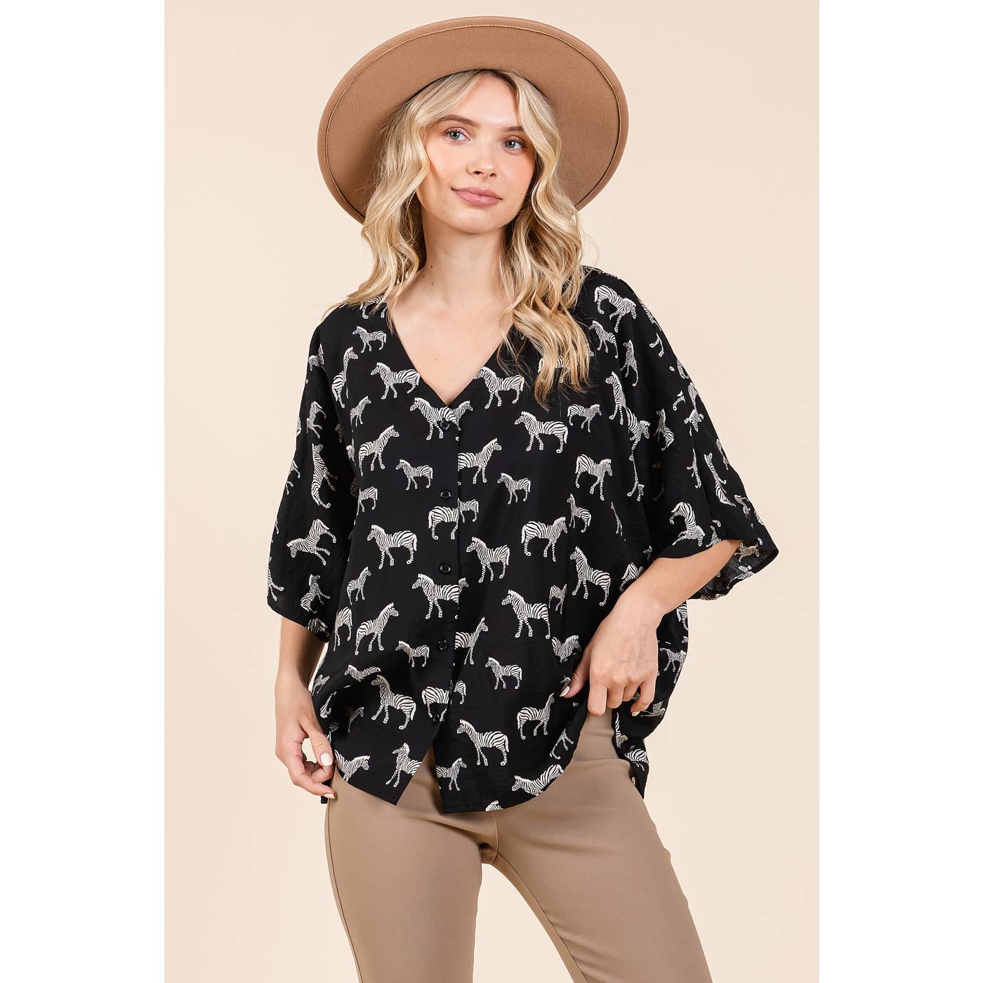 ZEBRA PRINT V-NECK BUTTON DOWN DOLMAN SLEEVE TOP