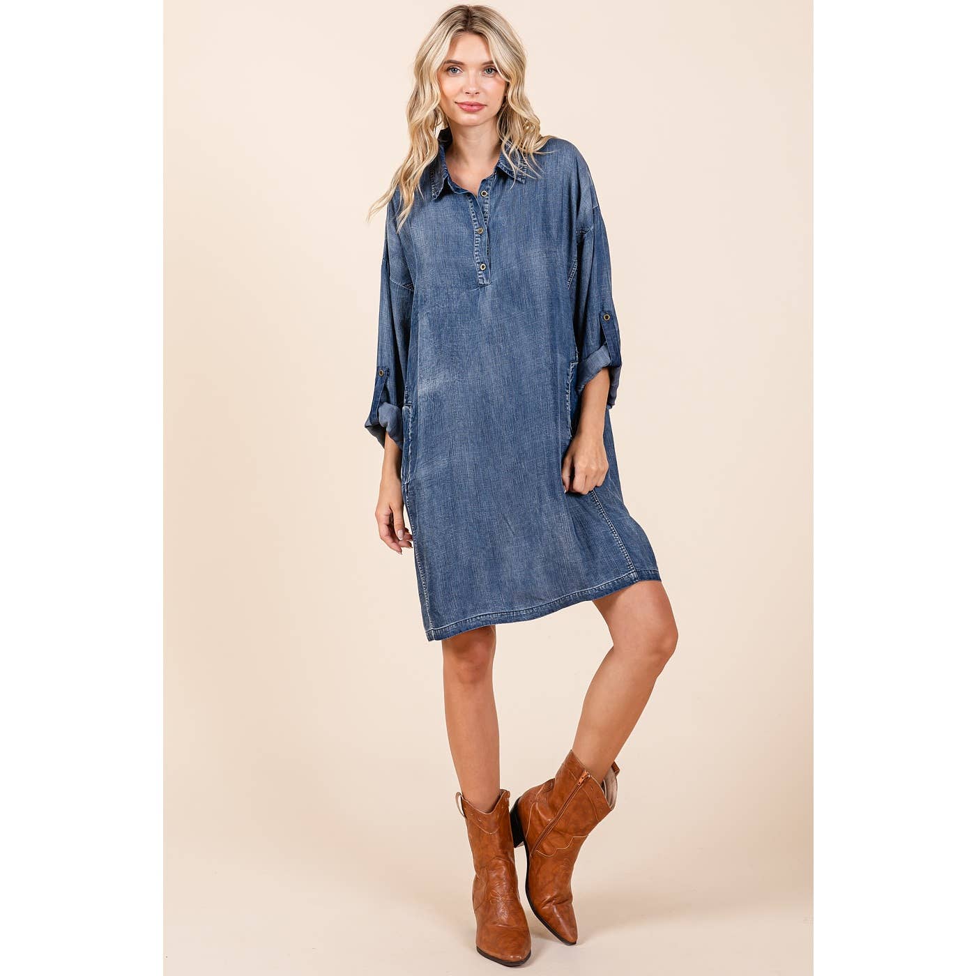 WASHED CHAMBRAY BUTTON TAB SLEEVE MINI SHIRT DRESS