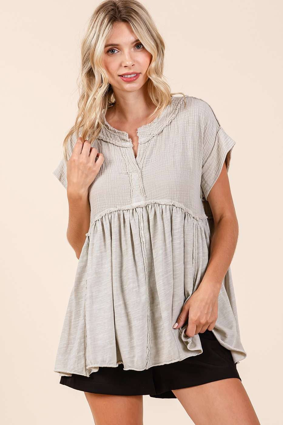 MIXED MEDIA MINERAL WASH BABYDOLL SHORT SLEEVE TOP