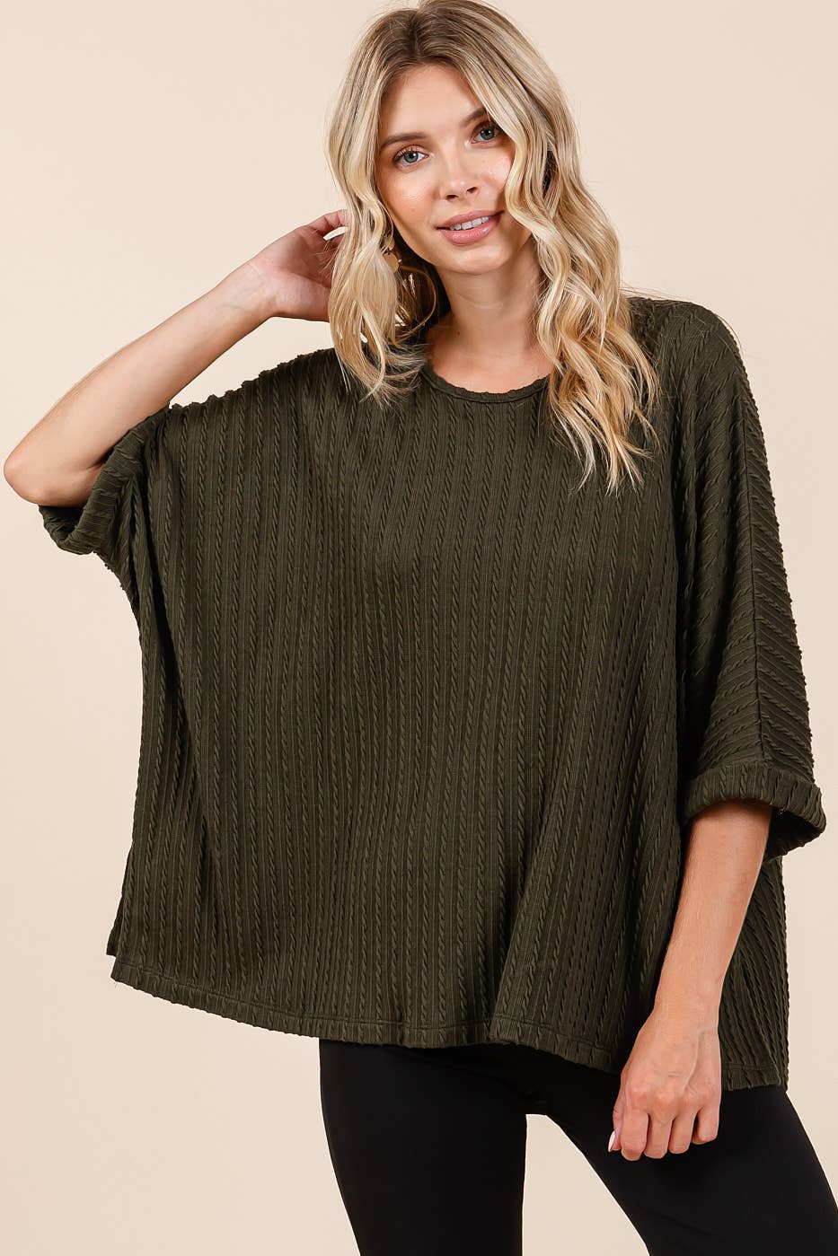 TEXTURED KNIT DOLMAN SHORT SLEEVE OVERSIZED TOP
