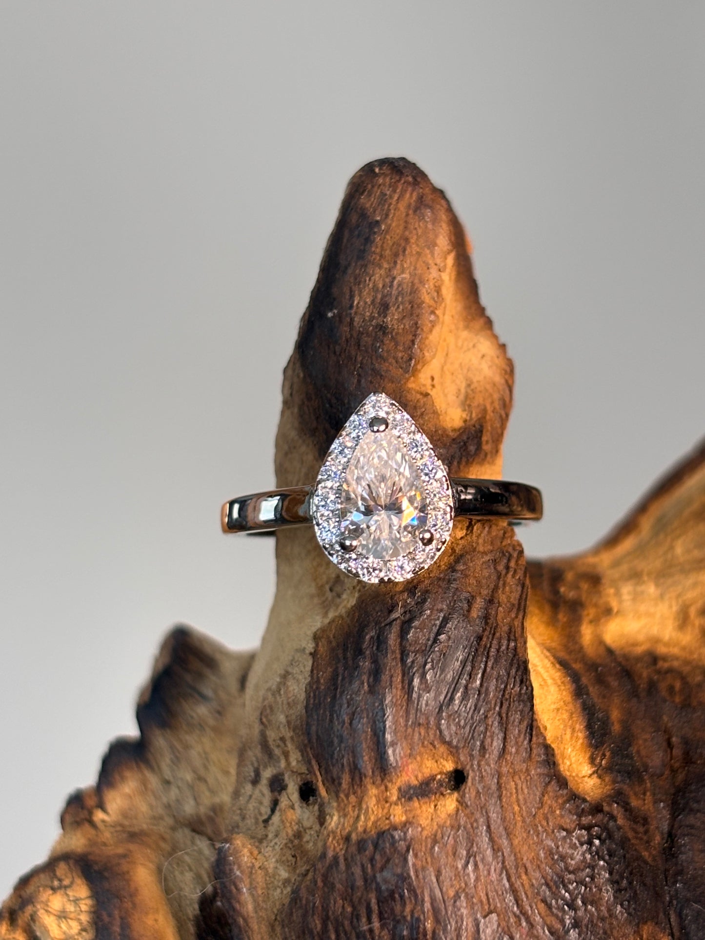 Moissanite Pear Solitaire with Halo Ring