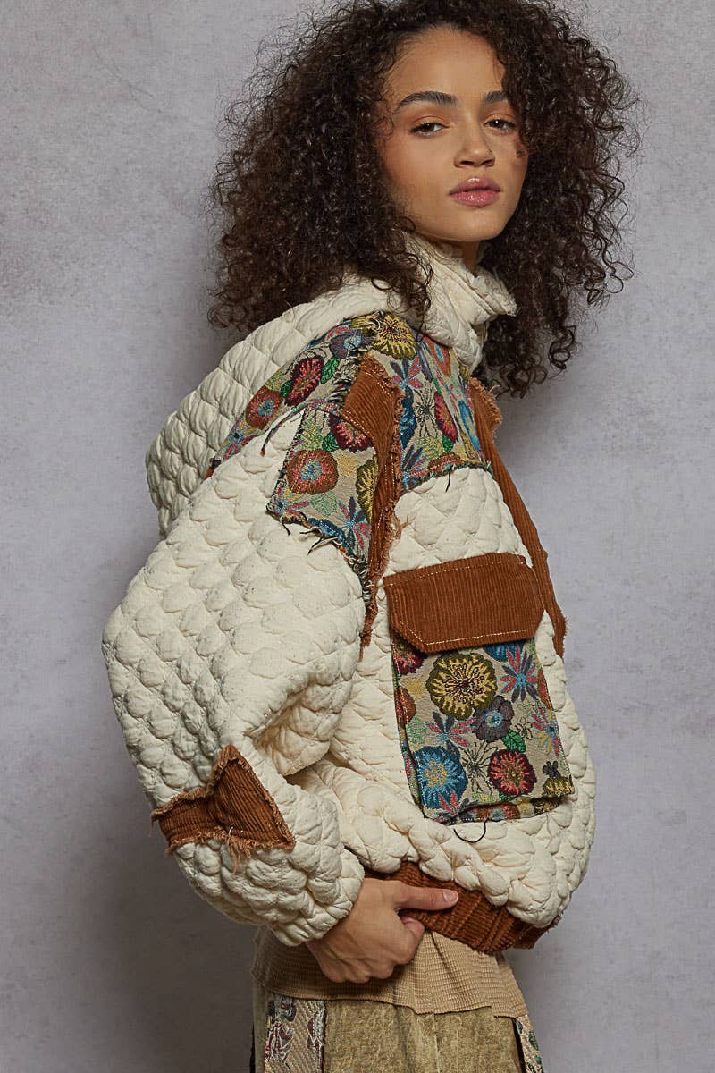 Oversize floral print contrast qulited jacket (2 style options)