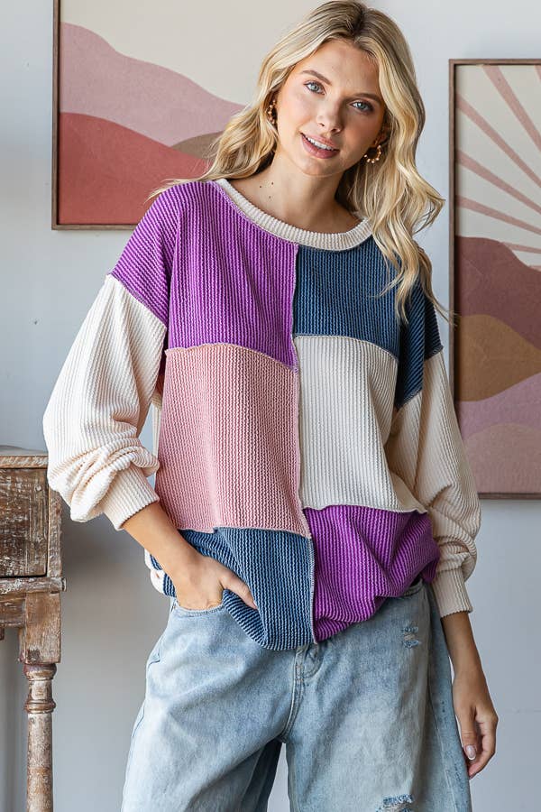 Patchwork Detail Rib Knit Top for Women