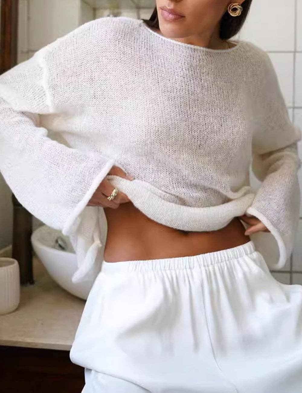 Ladies Solid Color Hollow Knit Top
