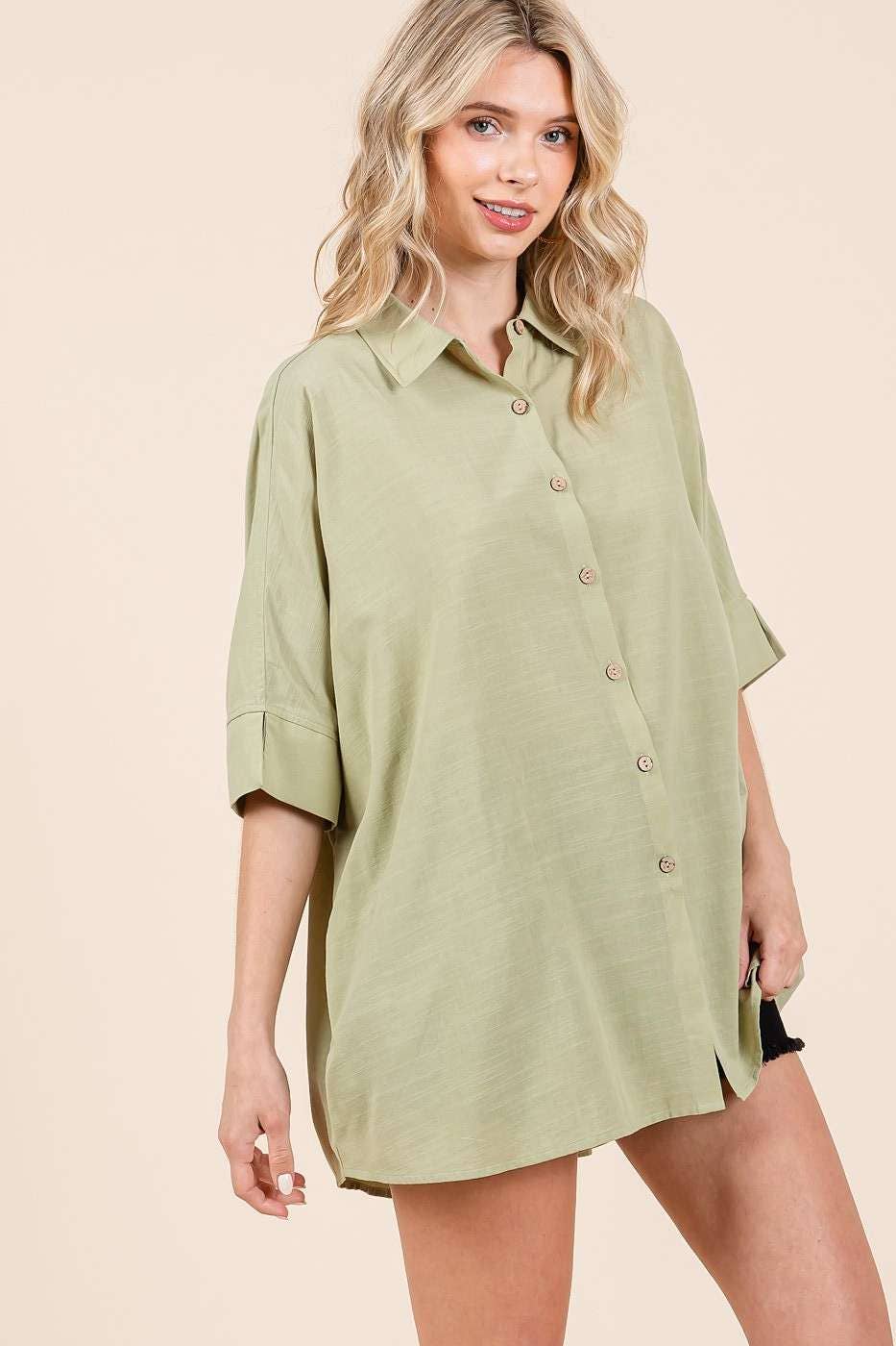OVERSIZED BUTTON DOWN SHORT SLEEVE COLLARED SHIRT TOP