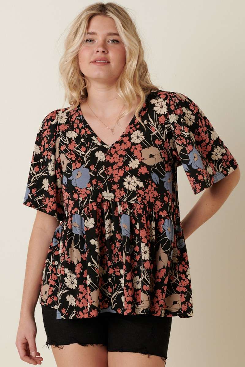 FLOWER PRINT V-NECK BABY DOLL KNIT BLOUSE
