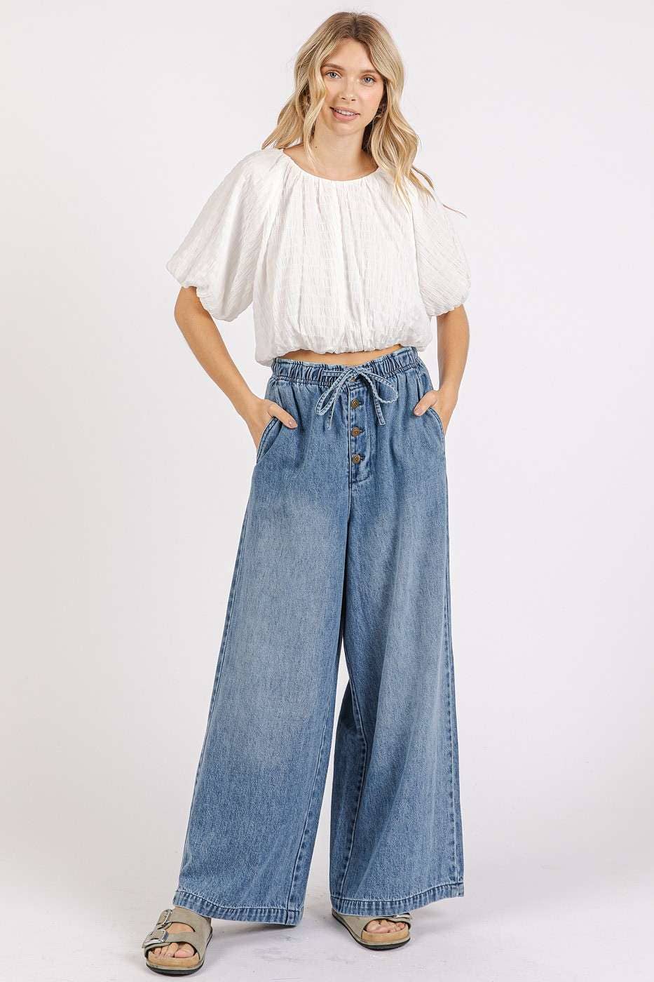 WASHED DENIM ELASTIC BUTTON FLY WIDE LEG PANTS