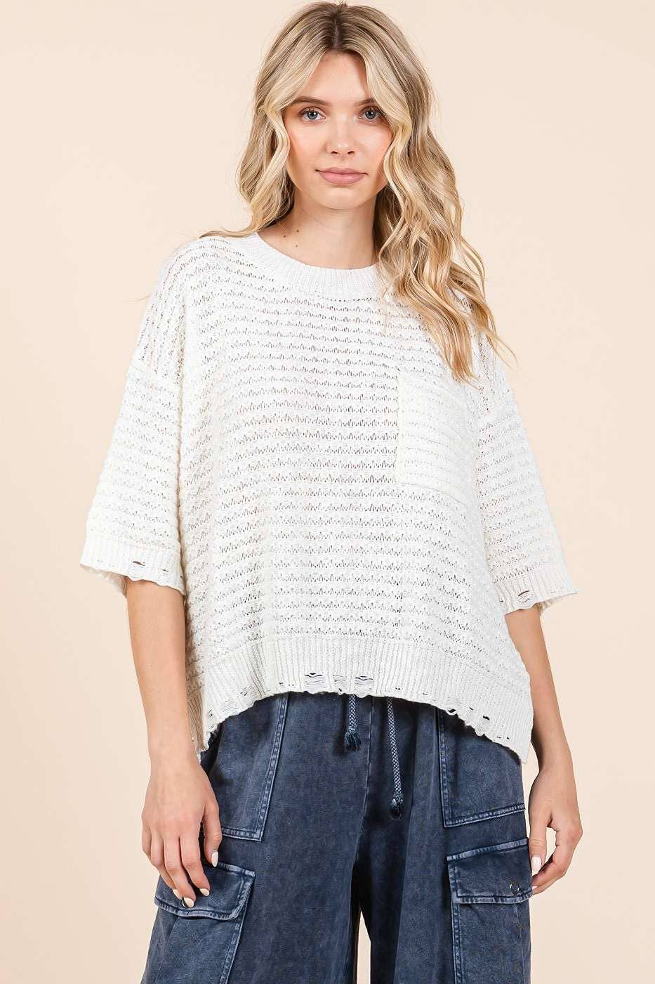 DISTRESSED HEM SHORT SLEEVE LOOSE SWEATER KNIT TOP