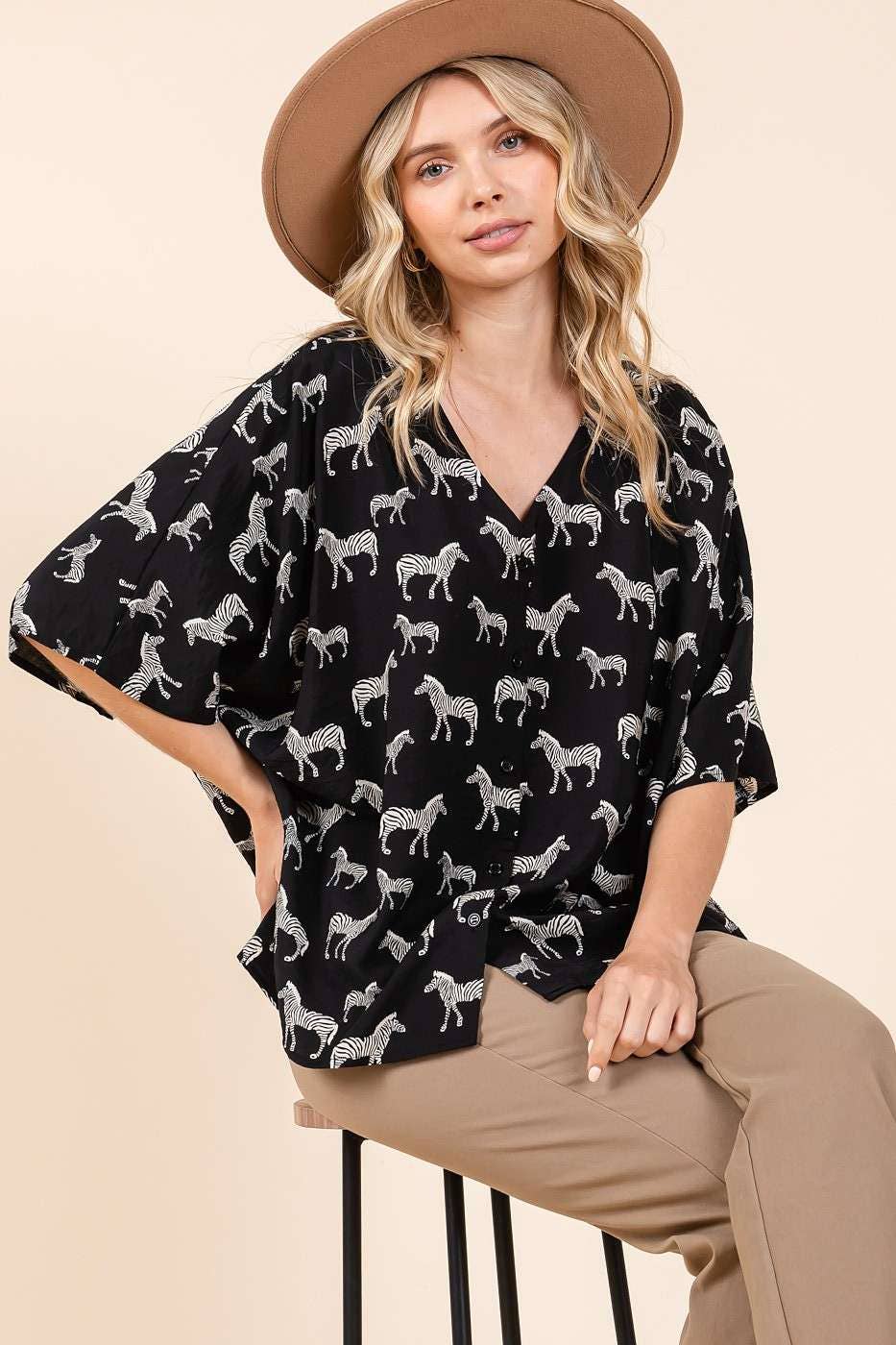 ZEBRA PRINT V-NECK BUTTON DOWN DOLMAN SLEEVE TOP