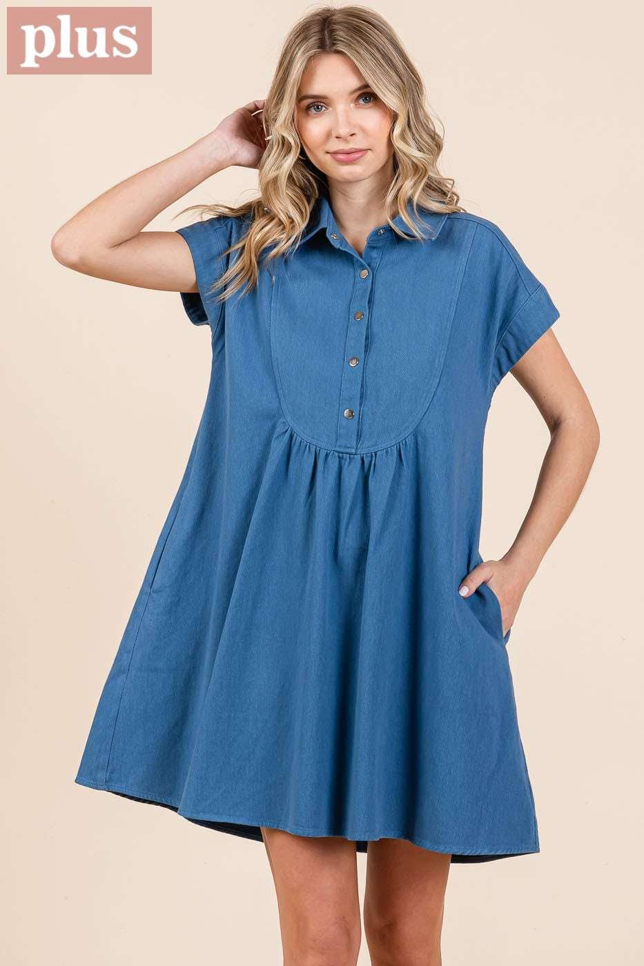 TWILL SHORT SLEEVE COLLARED MINI DRESS (Plus)