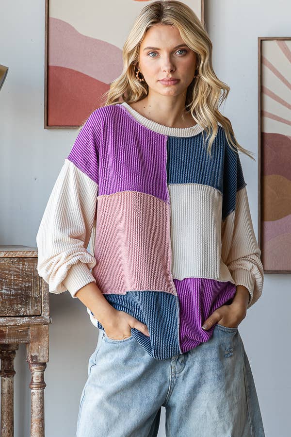 Patchwork Detail Rib Knit Top for Women