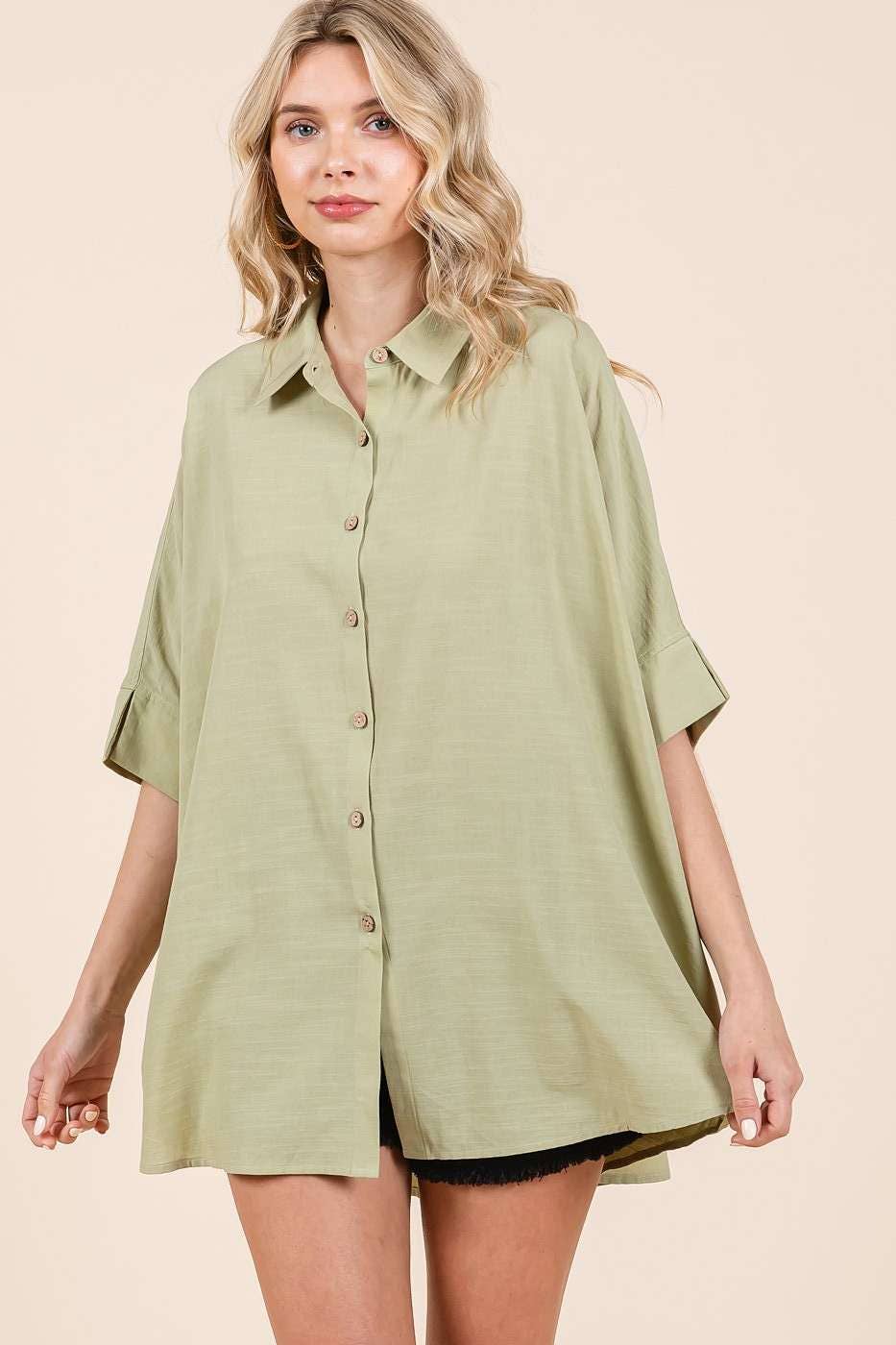 OVERSIZED BUTTON DOWN SHORT SLEEVE COLLARED SHIRT TOP