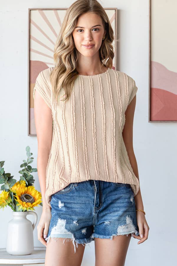 Lightweight Stripe Textured Cap Sleeves Blouse