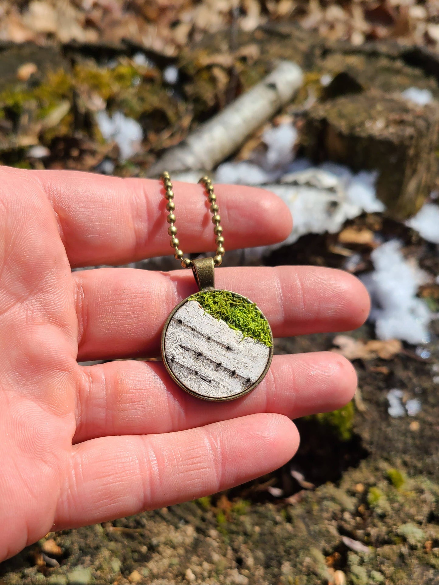 Mossy Birch Bark Circle Necklace & Stud Earring Set