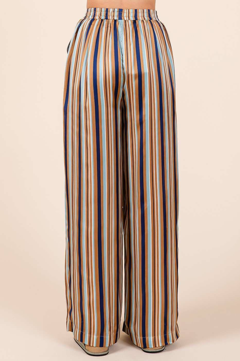 MULTICOLOR STRIPED PRINT SATIN ELASTIC WAIST PANTS