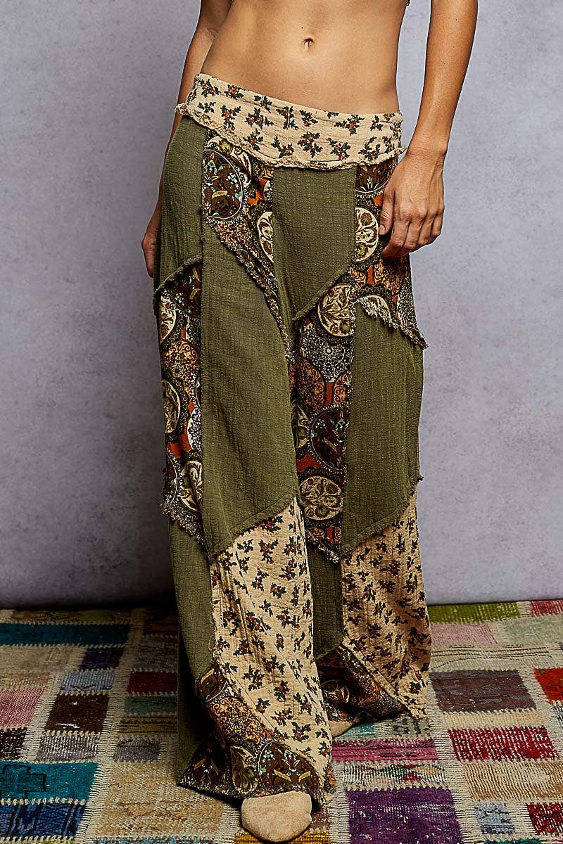 Double gauze varied printed patchwork woven pants