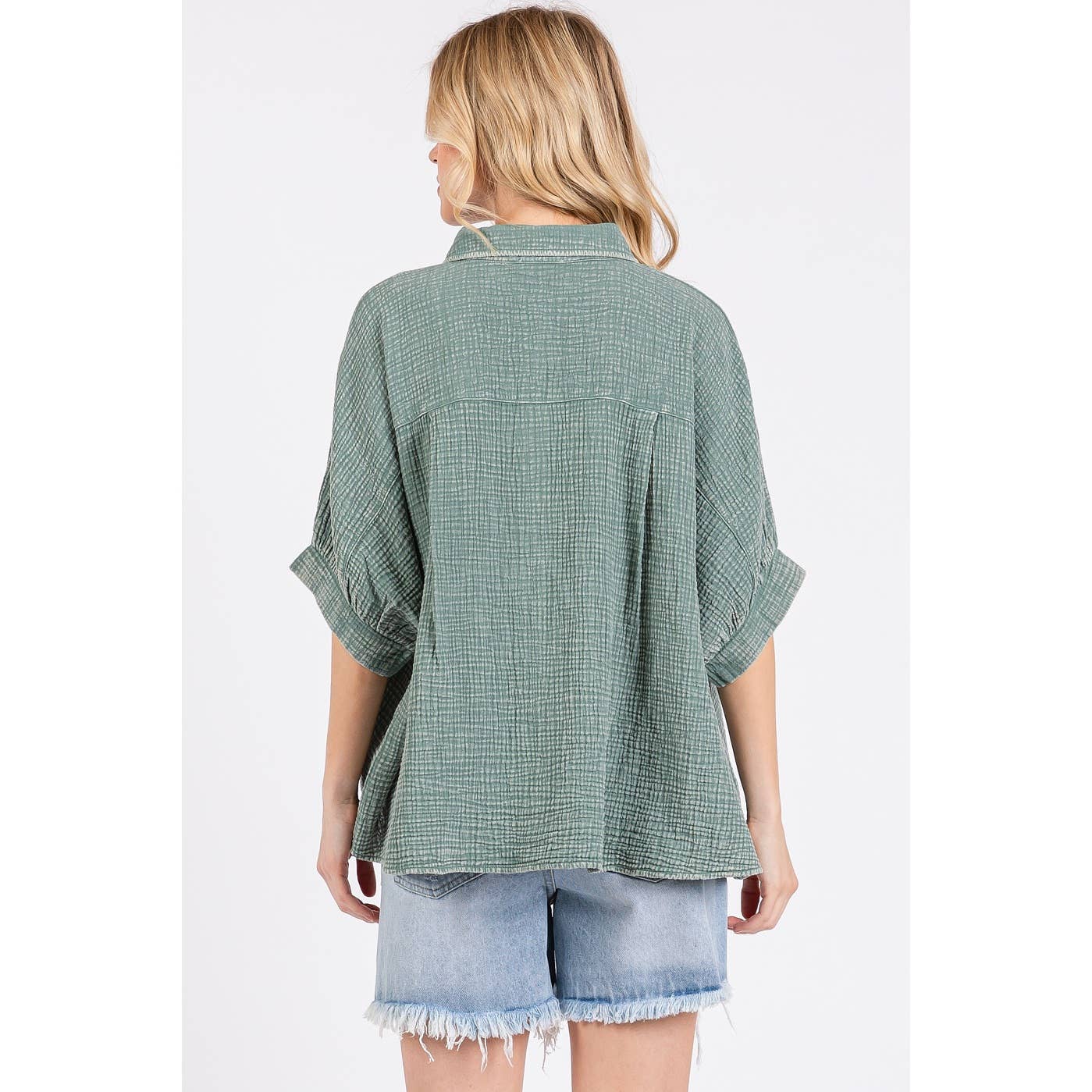 MINERAL WASH GAUZE DOLMAN SLEEVE BUTTON DOWN SHIRT