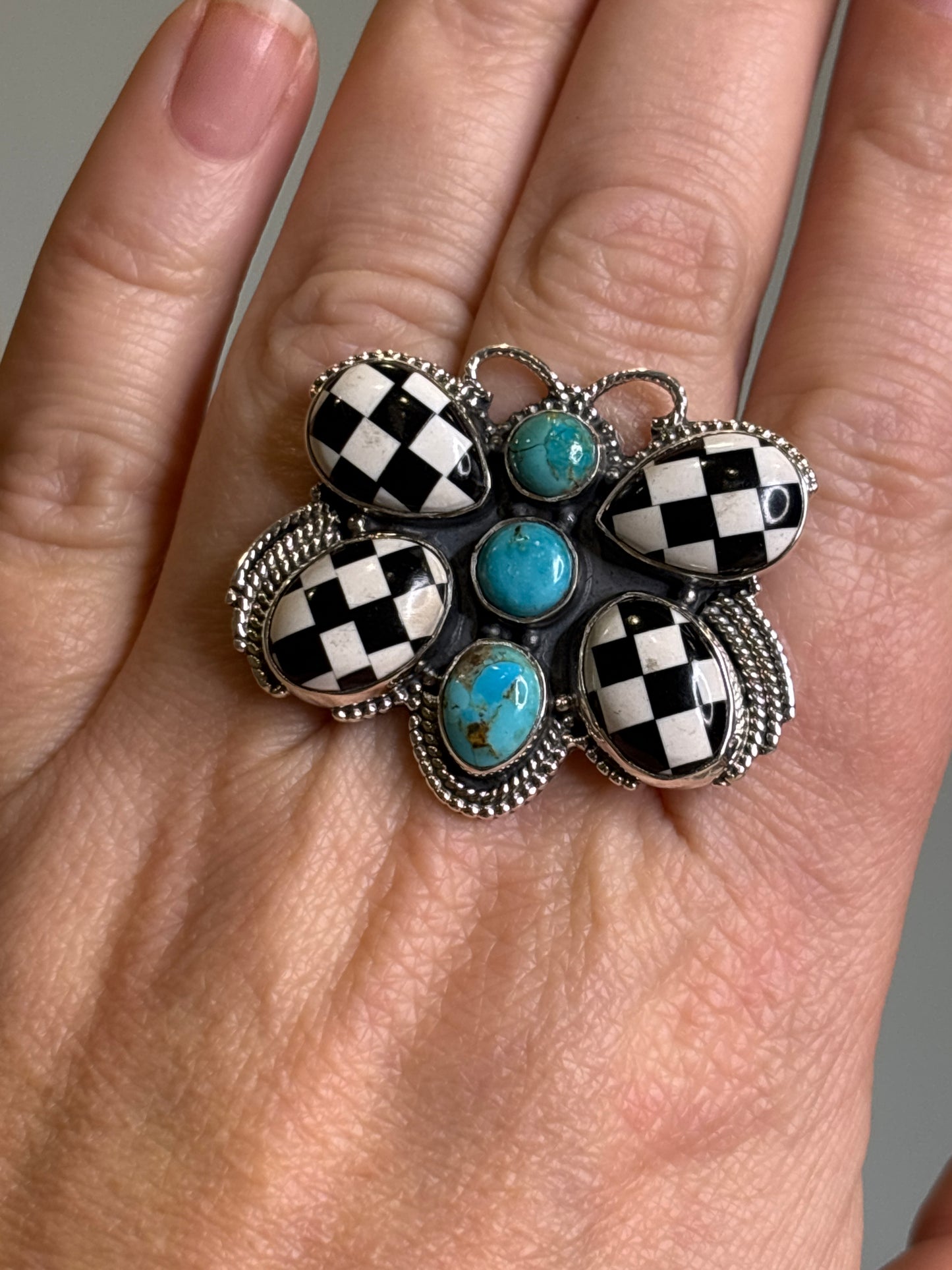 Checkered Butterfly Ring With Mojave Turquoise | Adjustable