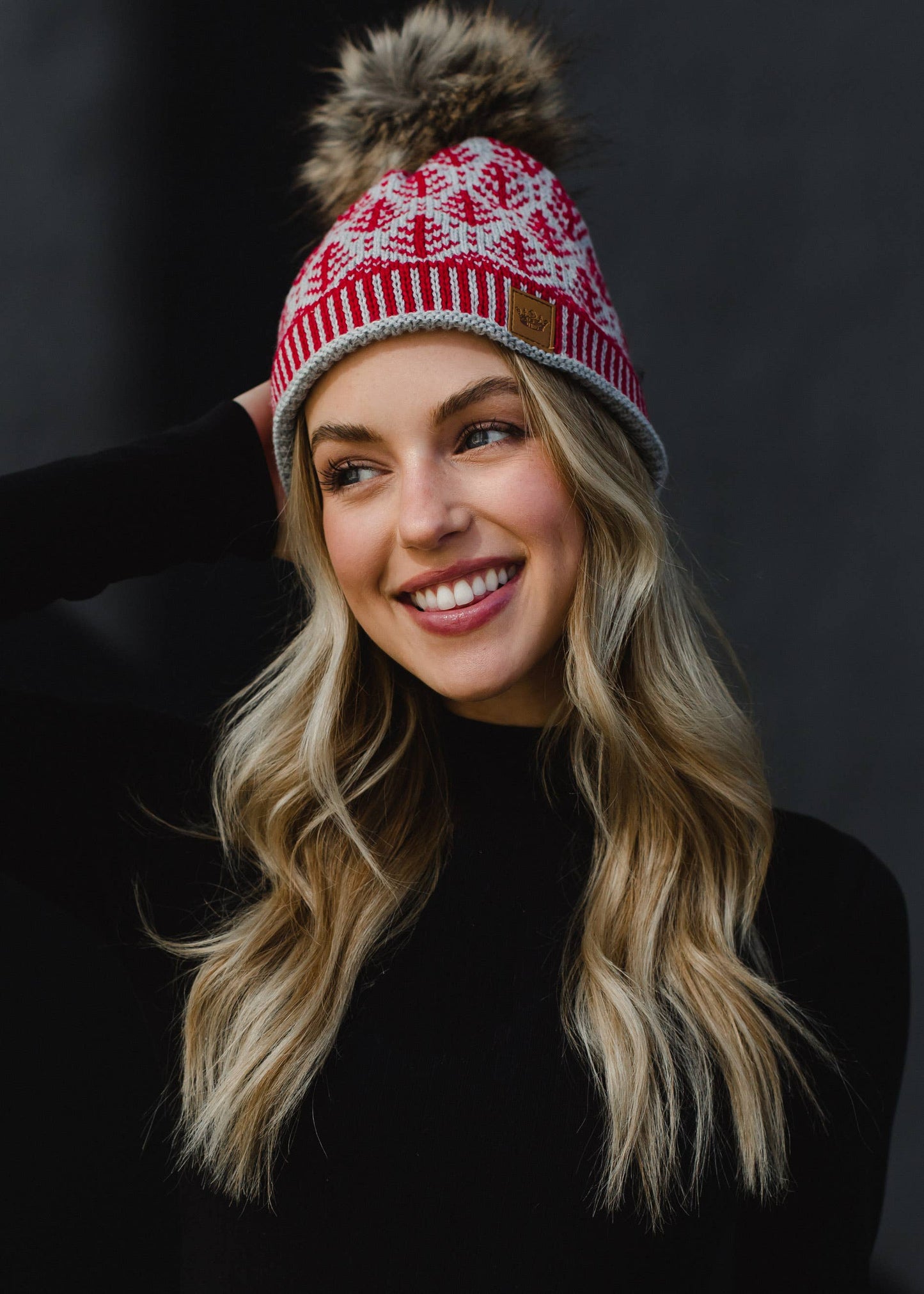 Gray w/ Red Tree Pattern Pom Hat