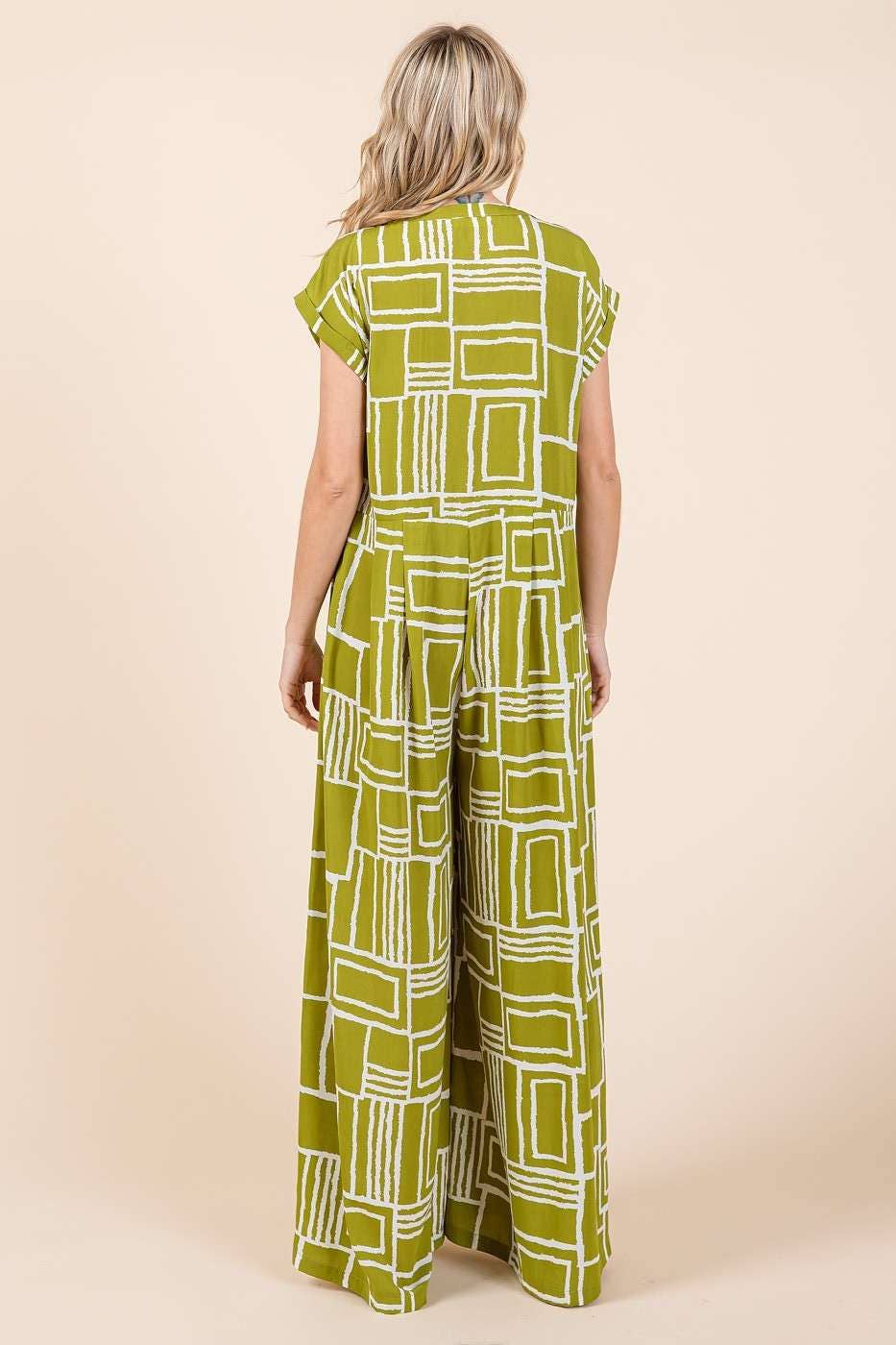 GEO PRINT PLEAT BUTTON DOWN SHORT SLEEVE JUMPSUIT