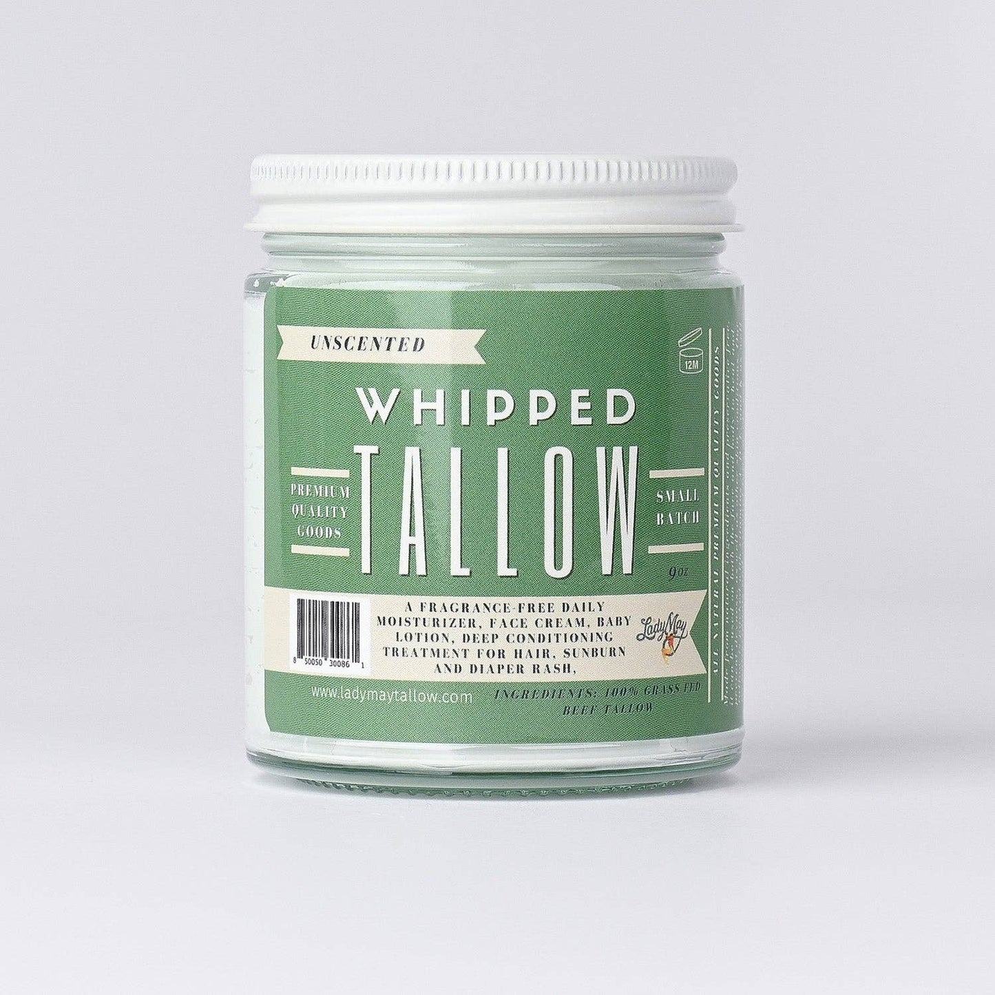 Unscented Whipped Tallow, 100% Grass Fed Beef Tallow Moisturizer (9oz)