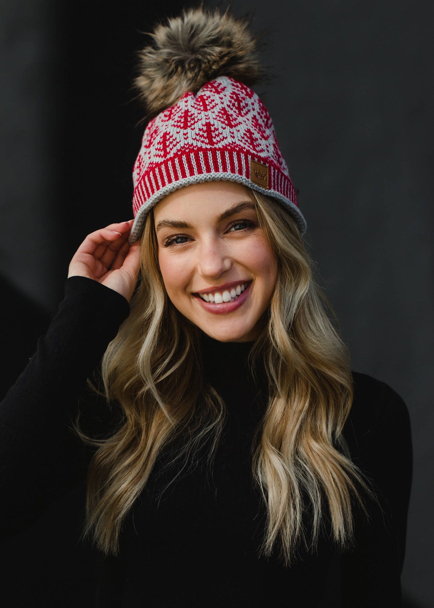 Gray w/ Red Tree Pattern Pom Hat