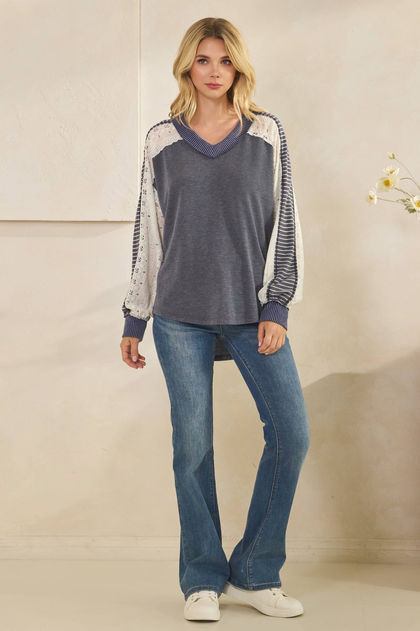 Multi Fabric Contrast V Neck Long Sleeve Top
