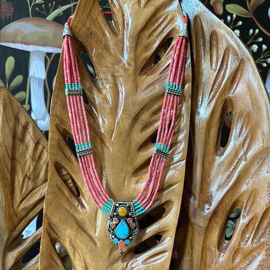 Tibetan Silver Necklace Turquoise & Coral