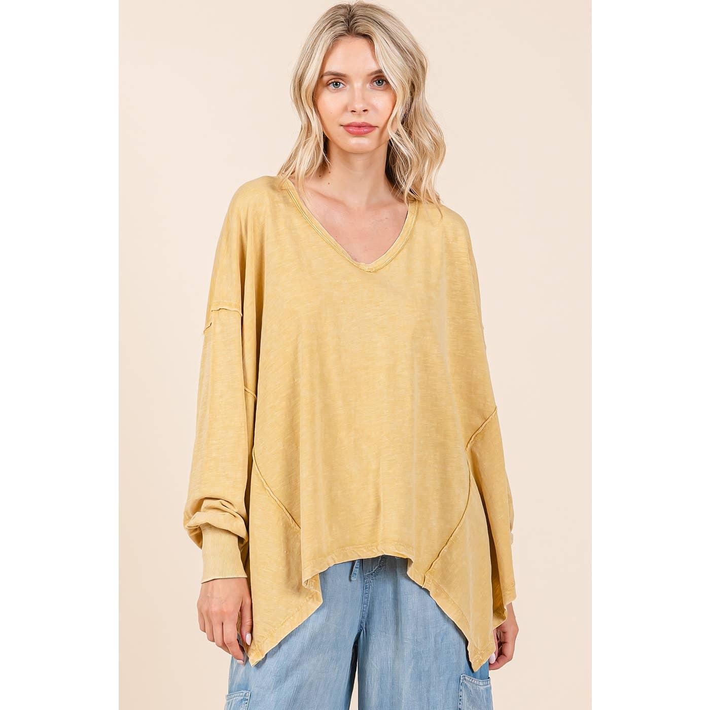 MINERAL WASH V-NECK LONG SLEEVE OVERSIZED TOP